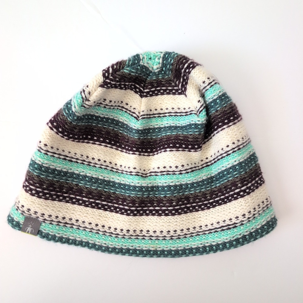 Smartwool Merino Wool Blend‎ Striped Beanie Hat Teal Cream Charcoal Gorpcore